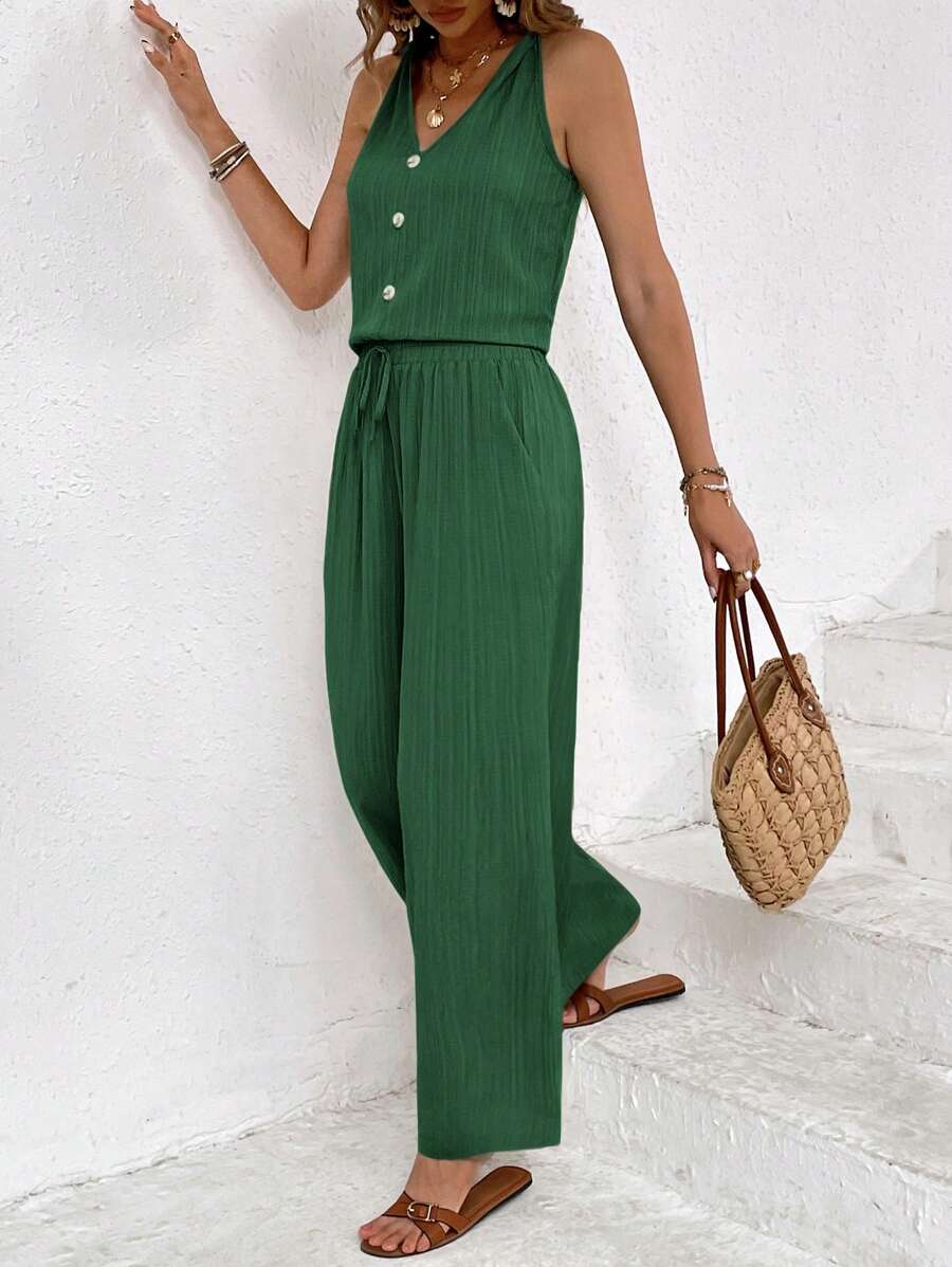 SHEIN Frenchy Women V-Neck Sleeveless Solid Top And Long Pants Casual 2 Pieces Set Summer Green Christmas - Dark Green - View 1