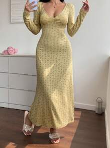 DAZY Long Ditsy Floral V-Neck Cinched Waist Nightgown,Back To School Pajama, Fall, Winter - Yellow - View 6