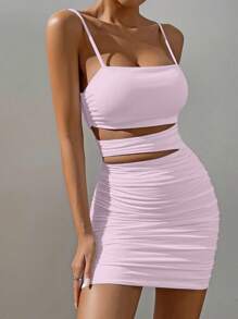 SHEIN x Marika Sila Zolique Women's Cutout Ruched Form-Fitting Camisole Dress, Women Dresses Birthday, Women Short Dresses Summer, Women Casual Dress - Mauve Purple - View 3