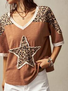 Bohemela Plus Size Women Leopard Print Patchwork Contrast Trim V-Neck Loose T-Shirt, Casual Street Fashion, Summer,Vintage,Vintage