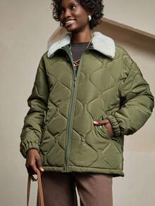 Bóhologie Woman Solid Color Woven Padded Insulated Winter Coat Jacket Contrast Fur Neck Regular Length Casual Winter Clothing - Army Green - View 6