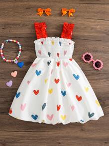 Young Girl Woven Heart Pattern Ruffle Strap Dress - Multicolor - View 1