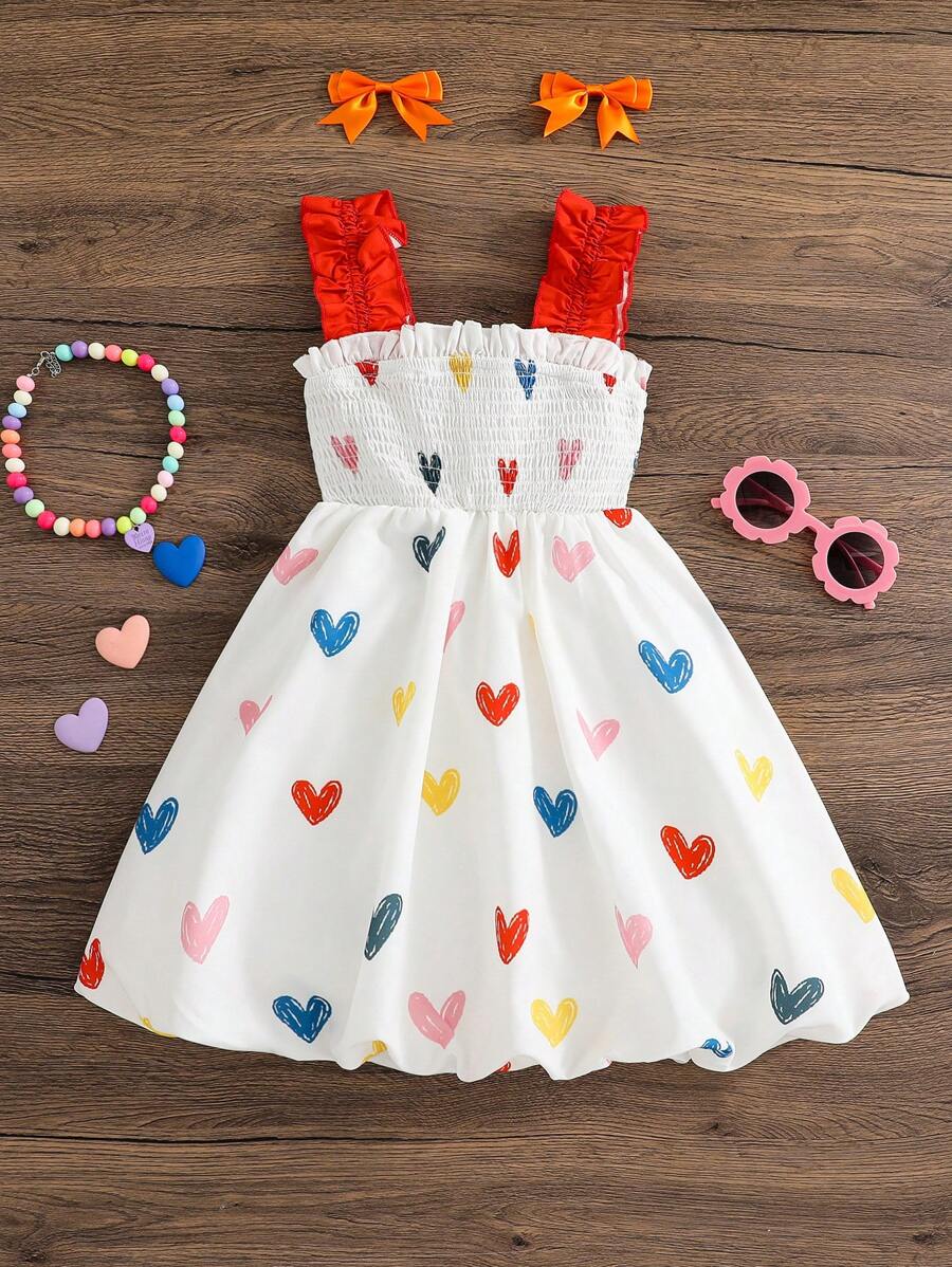Young Girl Woven Heart Pattern Ruffle Strap Dress - Multicolor - View 1