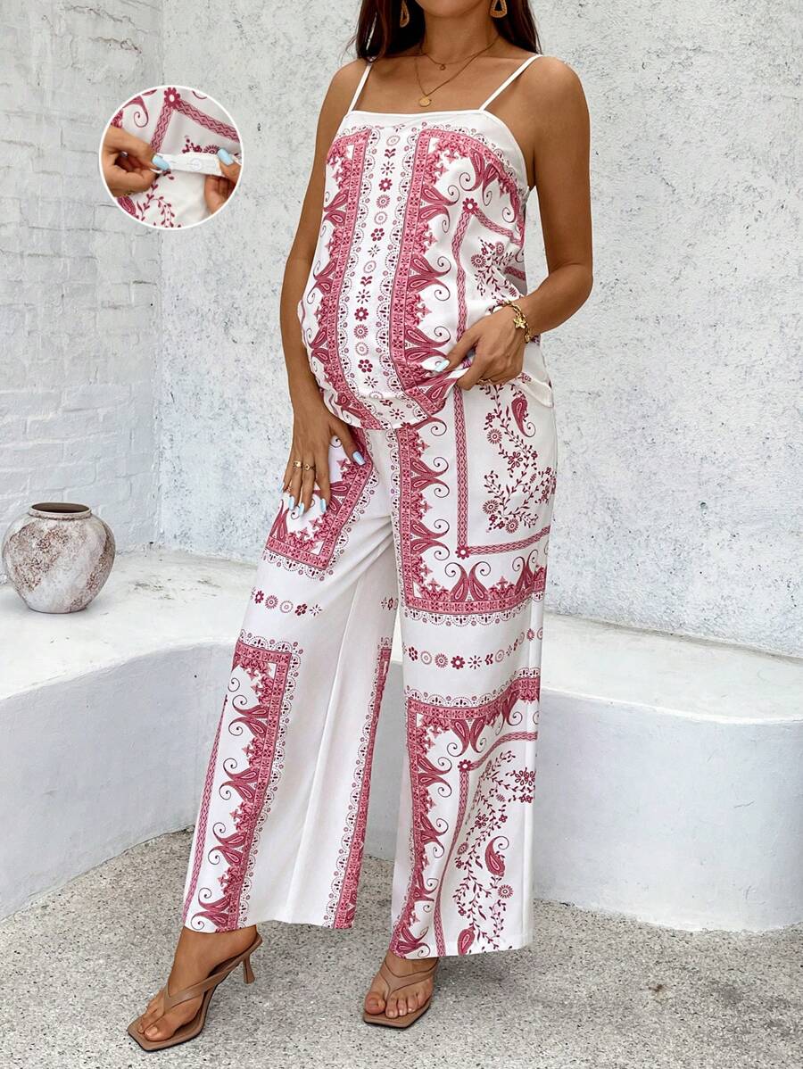 SHEIN 2 Stück Set aus Camisole und Hose für Schwangere mit Urlaubs-Lässig-Look in Cashewblüten-Muster - Rot-Weiß - Übersicht 1