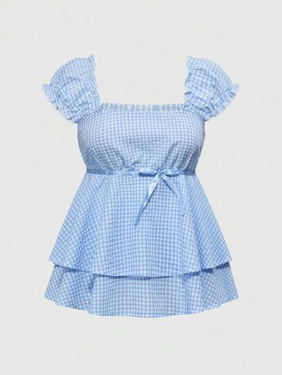 Kawaii Pure Beauty Girl Cute Bow Decor Square Collar A-Line Plaid Shirt