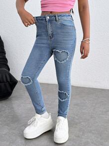 青少年女孩牛仔裤紧身弹力心形刺绣长裤弹力紧身牛仔裤牛仔裤牛仔裤紧身牛仔裤弹力牛仔裤，女孩夏季海滩波西米亚风度假短裤，夏季音乐会节日休闲狂欢装，女孩夏季早午餐教堂毕业派对装 - 淺色水洗藍 - 查看 5