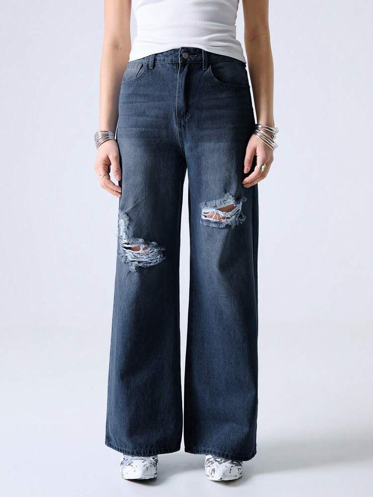 EURMUSE Washed Denim Blue High Waist Ripped Wide Leg Jeans - Dark Wash - View 3