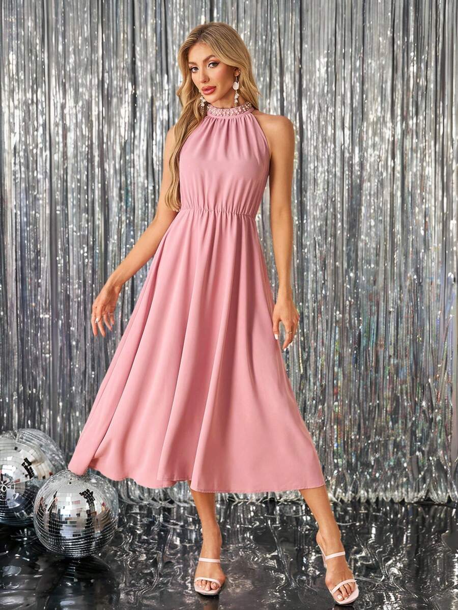 SHEIN Clasi Women's Sleeveless Midi Dress With Pearl Collar Design, Suitable For Wedding, Spring/Summer, Pink