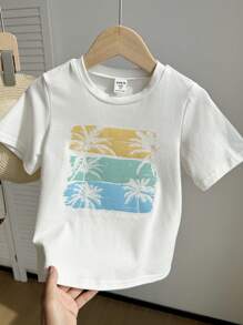 Camiseta de manga corta de punto con cuello redondo y estampado de vacaciones lindo y casual para niños pequeños, adecuada para el trayecto, la escuela, el uso diario casual, las vacaciones, los deportes, la primavera, el verano, el otoño y el invierno