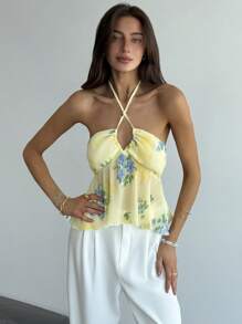 Aloruh New Ditsy Floral Ruffle Print Tie Halter Crop Yellow Top, Beach Resort Style, Summer Top - Yellow - View 4