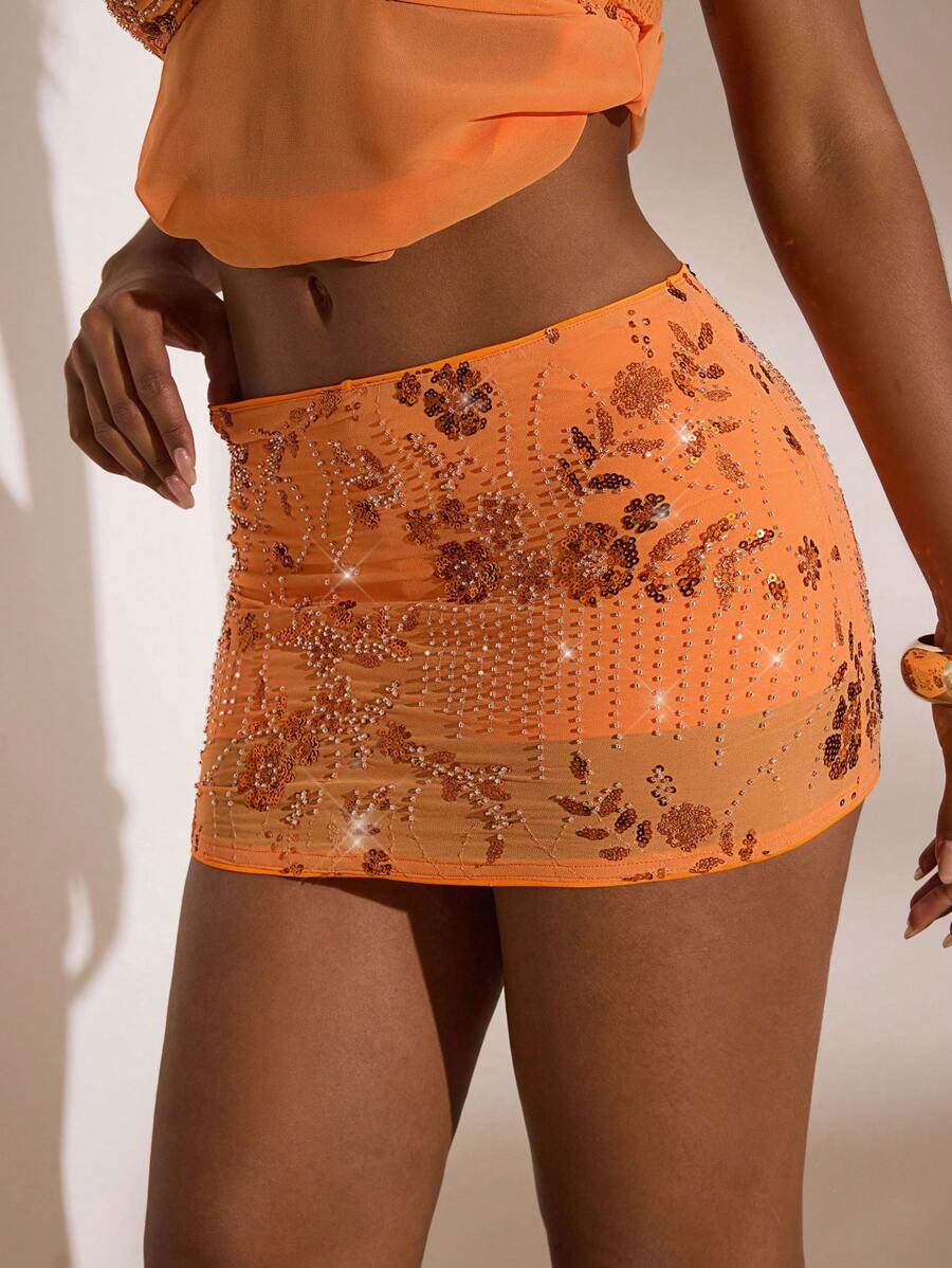 Opulessa Sequin Solid Color Woven Low-Waist Rhinestone Decorated Glitter Fashionable Women Skirt, Holiday Vacation,Bohemian,Club Sexy,Autumn Winter, Christmas, National Day, New Year, Going Out,Sexy Elegant Party,Graduation,Prom,Luxury Evening - Orange - View 1