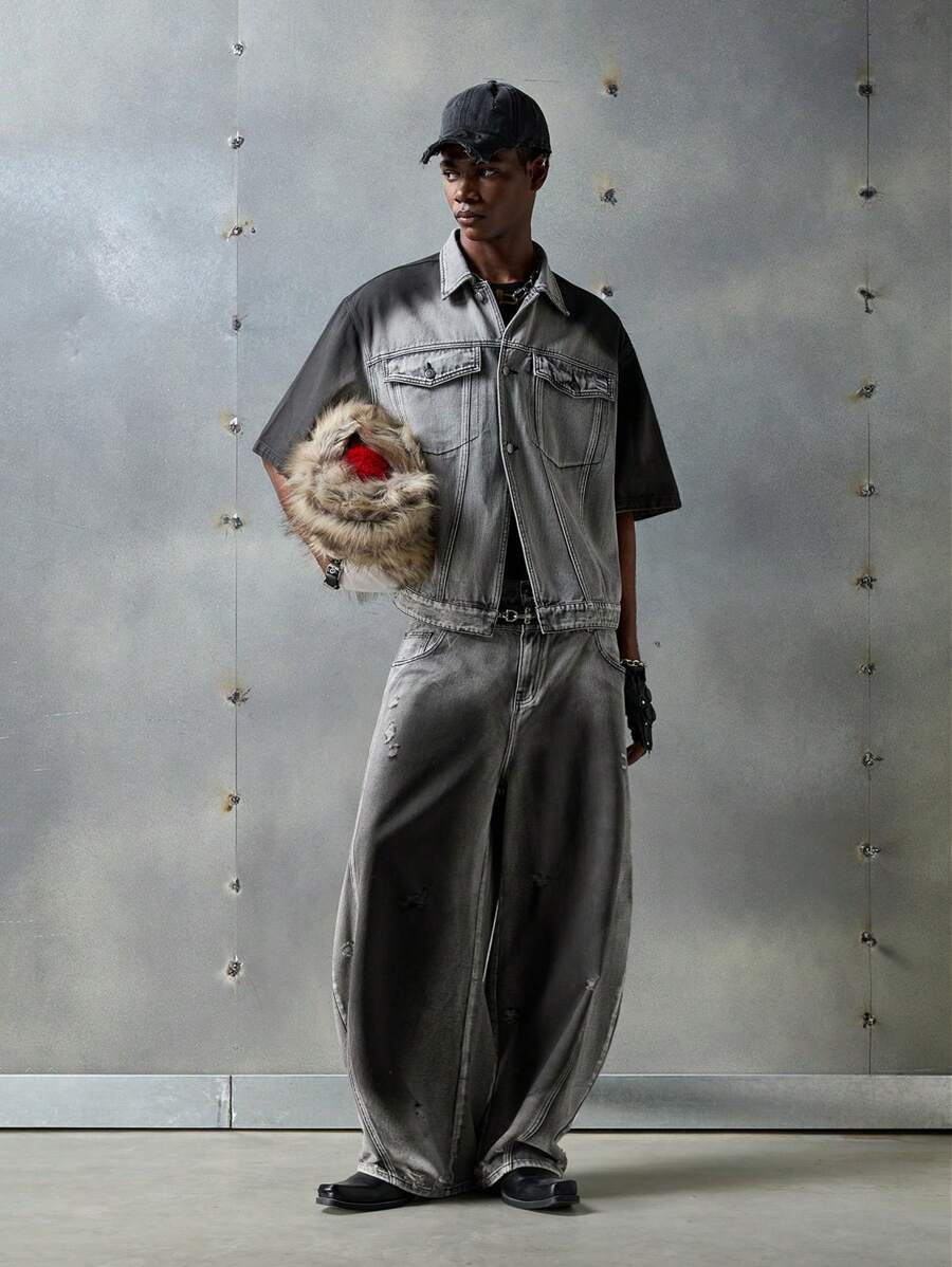 NEON BLANC Men's Loose Fit Long Black Embroidered Gradient Woven Jeans, Streetwear Style