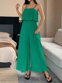DAZY Piyama Jumpsuit Tanpa Lengan Longgar Berlipit Warna Polos, Pakaian Kembali ke Sekolah - Hijau - View 3