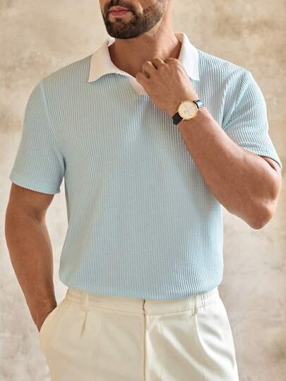 HIMLAND 男士休闲提花拼布翻领V领宽松短袖Polo衫男士浅蓝色Polo衫男士夏季Polo衫浅蓝色男士针织Polo衫男士Polo衫淡蓝色上衣男士，秋季，Old Money