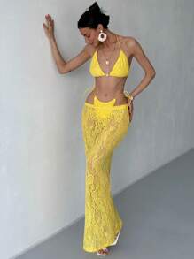 Aloruh Women's Yellow 3 Piece Bikini Set With Skirt Halter Sleeveless Micro Crop Top And Lace Maxi Skirt Co-Ord Set For Summer - Yellow - View 5