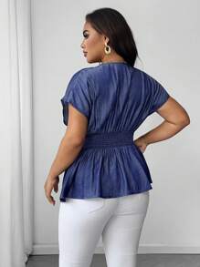 SHEIN Unity Blouse mode femme grande taille, décolleté en V profond, manches chauve-souris, design avec boucle à la taille, pour l'été - Bleu marine - Voir 6
