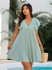 Elaquor Plus Size V-Neck Lace Trim Embroidery Casual Shift Dress For Summer - Mint Green - View 4