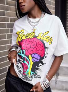 ROMWE Street Life Camiseta de mujer casual de manga corta con cuello redondo y estampado de letras, versátil para el verano
