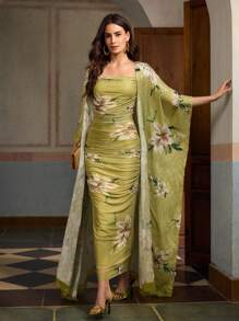 ZEYLAH Conjunto de 2 piezas elegante con chaqueta de murciélago con estampado floral y vestido de tirantes plisado para mujer - Multicolor - Ver 6