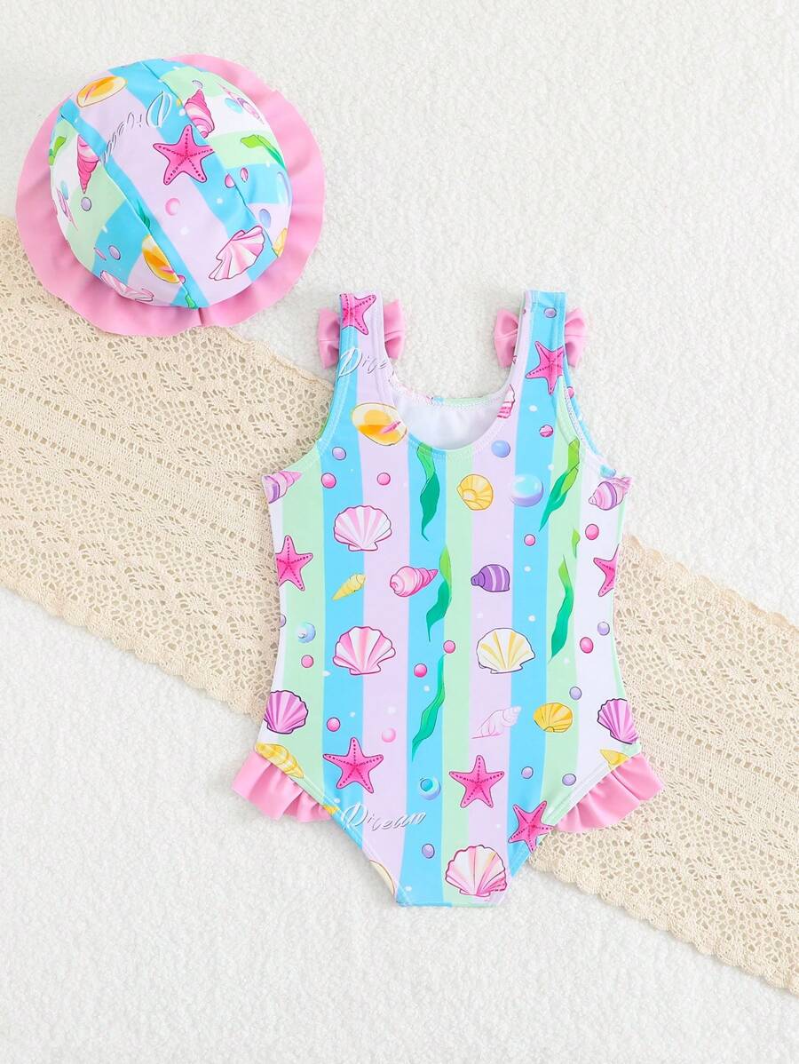 Young Girls Cute Starfish & Shell Print One-Piece Swimsuit & Hat Set,Mermaid Ruffle Bathing Suit For Summer,Beach,Family Vacation,Holiday,4t Outfit - Multicolor - View 1