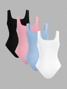 SHEIN EZwear 4 件套无袖圆领休闲紧身衣，修身版型，适合夏季女性 - 彩色 - 查看 2