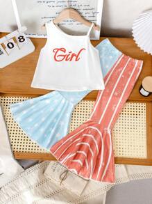 2 件套幼儿女童休闲优雅字母印花背心和星条纹长裤套装 - 彩色 - 查看 1