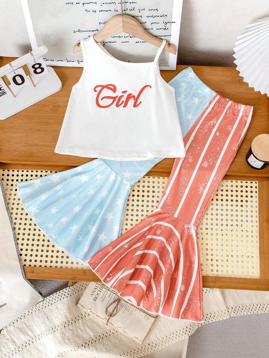 2 件套幼儿女童休闲优雅字母印花背心和星条纹长裤套装 - 彩色 - 查看 1