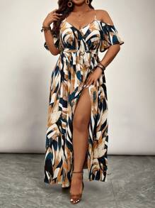SHEIN VCAY Plus Size Open Shoulder Short Sleeve Holiday Dress, Mother Day Outfit, Vacation Outfits Woman, Rave Outfit, Western Wear Women Plus,Flowy Dress Women Summer Clothing Women Summer Sets Women Dresses Birthday,Sun Dresses For Women