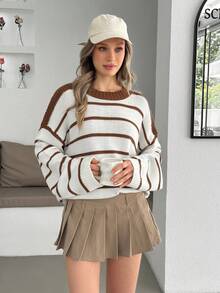 EURMUSE 栗色块状条纹针织毛衣 - 休闲奶油色套头衫，带撞色轭 - 棕色 - 查看 4