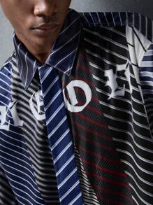 NEON BLANC Men's Street Style Woven Striped Tie And Letter Print Short Sleeve Shirt, Suitable For Summer