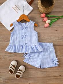 SHEIN Vintaside Kids 2 pièces Ensemble de vêtements casual mignon pour bébé fille avec camisole à bretelles et shorts à carreaux, pour les sorties en extérieur