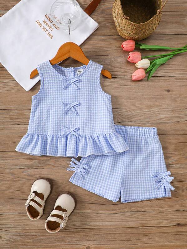 SHEIN Vintaside Kids 2 Pieces Baby Girl Cute Casual Plaid Strappy Camisole And Shorts Clothing Set For Outdoor Outings Baby Clothes For Girls