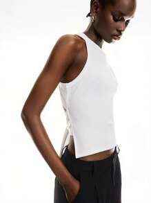 LYSMO 2025春夏新款高端时尚纯色裹身长系带无袖圆领露背吊带背心。融合Y2K美学、性感女孩风格和简约魅力，完美打造休闲时尚造型。 - 白色 - 查看 3