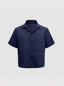 SHEIN Manfinity Dauomo Summer Casual Men's Button Up Short Sleeve Shirt - Navy Blue - View 3
