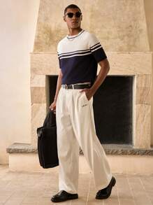 Manfinity BRENVOR Camiseta casual de lujo para hombre con diseño de patchwork a rayas y contraste de colores - Blanco y Negro - Ver 2