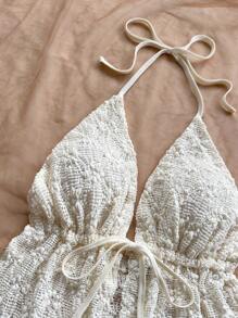 Soleia 度假性感细肩带镂空露背上衣，纹理面料，海滩，夏季，波西米亚风，度假，钩针编织，亚麻