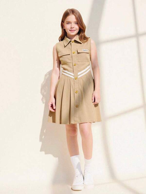 Explorewe Tween Girls Khaki Dress Sleeveless Collared Shirt Dress With Pleated Skirt And Button Front Detailing