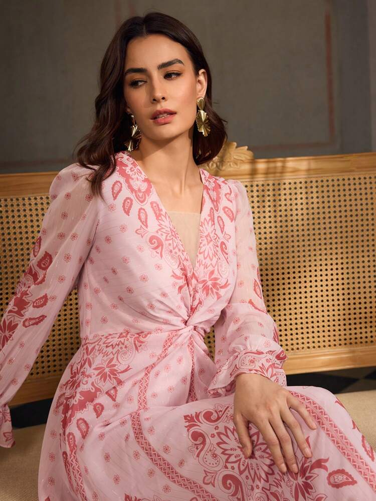 ZEYLAH Floral Print V-Neck Long Sleeve Dress, Elegant Vacation Style