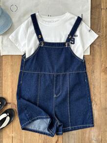 SHEIN Tween Boy Navy Blue Denim Loose Fit Bib Shorts