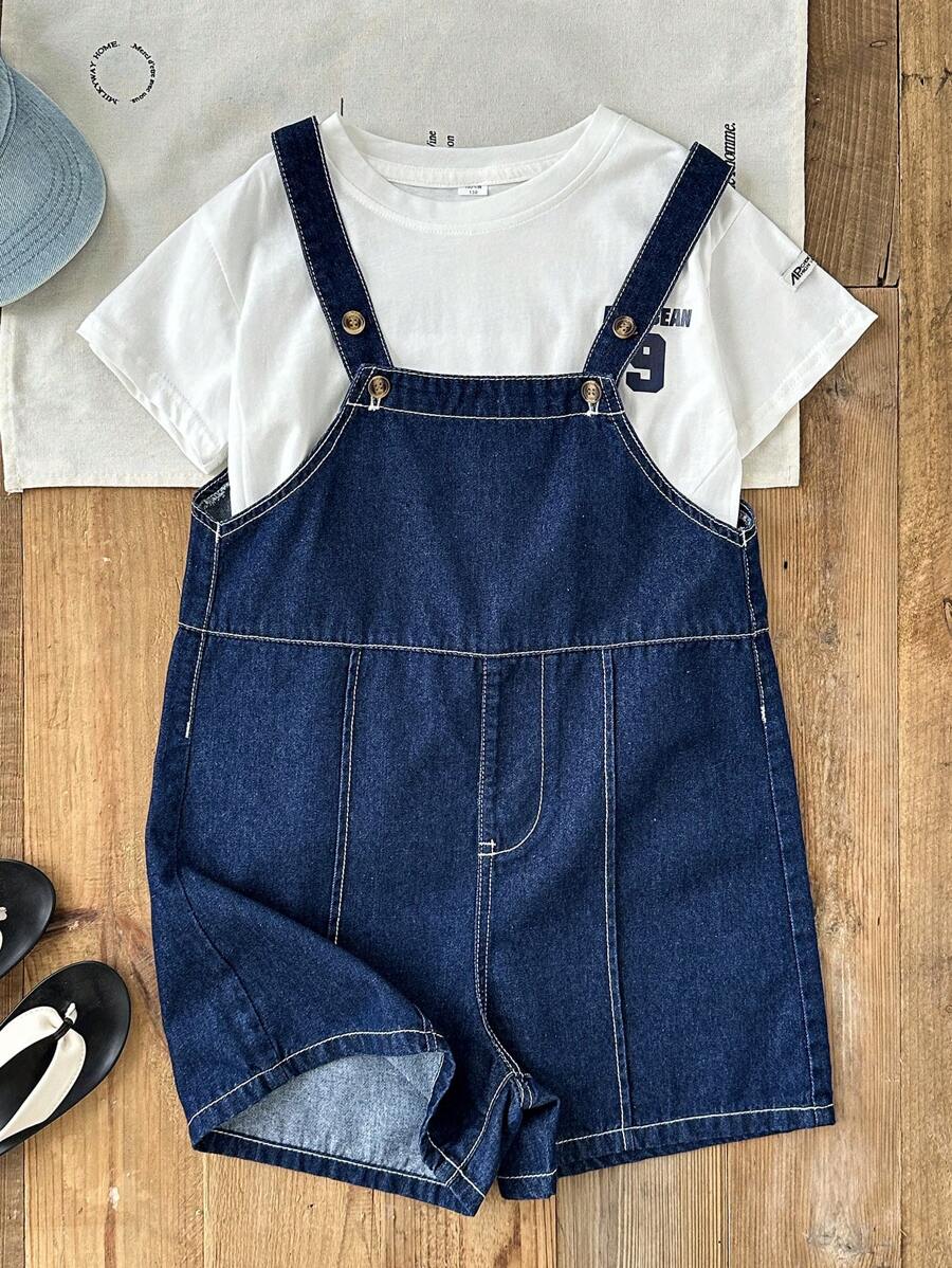 SHEIN Tween Boy Navy Blue Denim Loose Fit Bib Shorts