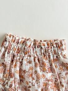 Loomiva 2pcs Baby Girl Floral Graphic Round Neck Puff Sleeve Top And Elastic Waist Shorts Set - Multicolor - View 5