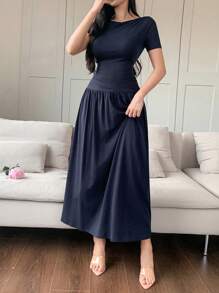 DAZY مجموعة من 2 قطعة للنساء، توب بدون أكمام ضيق ذو لون سادة وبنطال ساق واسعة، ملابس للربيع/الصيف، عودة إلى المدرسة - أزرق بحري - مشاهدة 4