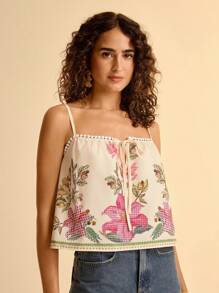 CAJUNI Bohemian Floral Print Vacation Casual Tie Strap Ruffle Trim Women Camisole