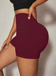 Easithlete 女士运动短裤，褶皱腰设计，性感提拉，瑜伽健身，弹力舒适健身短裤 - 酒紅色 - 查看 3