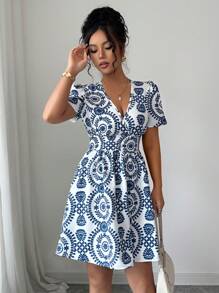 Elenzga Women's Blue & White Print V-Neck Cinched Waist Casual Mini Dress, Flattering And Holiday Style