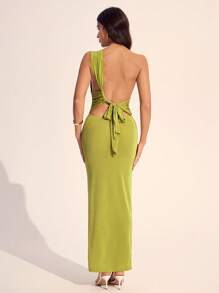 SHEIN Tall Elegant Vacation Sexy Slit Backless Ruched Green Maxi Dress With Tie, Suitable For Valentine's Day, Wedding Season, St. Patrick's Day, Spring/Summer,Pastel Dresses For Women Concert Rave Outfit Women