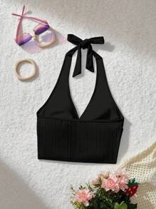 SHEIN MOD Neck Tie Front Ruched Knit Jacquard Pink Swimsuit Top