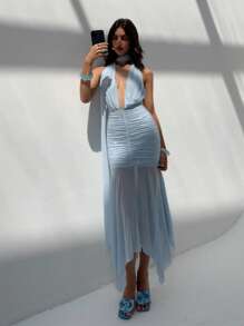 Aloruh Vestido azul ajustado de punto metálico con volantes para fiesta de playa en primavera/verano