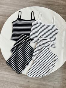 SHEIN 2 件套条纹修身吊带背心和长裤休闲家居服套装 - 彩色 - 查看 3