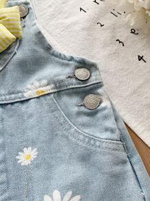 SHEIN Peto vaquero lavado azul claro con estampado de margaritas en estilo casual, lindo y campestre para niña bebé - Lavado ligero - Ver 8